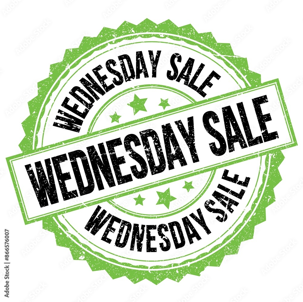 WEDNESDAY SALE text on green-black round stamp sign WEDNESDAY SALE text on green-black round stamp sign