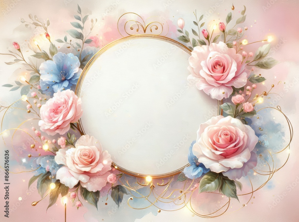 Floral wreath with soft pink and blue blooms encircling a blank round space, ideal for text. Floral wreath with soft pink and blue blooms encircling a blank round space, ideal for text.