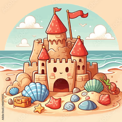 Beach sandcastle toy in summer to play near sea cartoon. Cute sand castle game icon with seashell and rock object. Kid vacation sculpture clipart drawing with red flag. Creative fantasy palace graphic