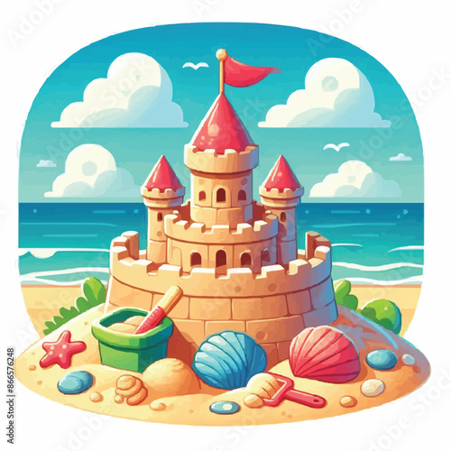 Beach sandcastle toy in summer to play near sea cartoon. Cute sand castle game icon with seashell and rock object. Kid vacation sculpture clipart drawing with red flag. Creative fantasy palace graphic