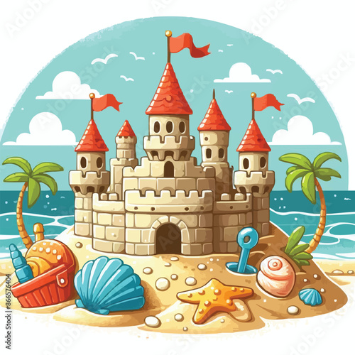 Beach sandcastle toy in summer to play near sea cartoon. Cute sand castle game icon with seashell and rock object. Kid vacation sculpture clipart drawing with red flag. Creative fantasy palace graphic