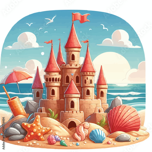 Beach sandcastle toy in summer to play near sea cartoon. Cute sand castle game icon with seashell and rock object. Kid vacation sculpture clipart drawing with red flag. Creative fantasy palace graphic