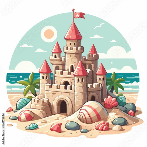 Beach sandcastle toy in summer to play near sea cartoon. Cute sand castle game icon with seashell and rock object. Kid vacation sculpture clipart drawing with red flag. Creative fantasy palace graphic