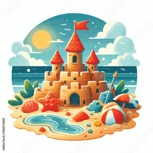 Beach sandcastle toy in summer to play near sea cartoon. Cute sand castle game icon with seashell and rock object. Kid vacation sculpture clipart drawing with red flag. Creative fantasy palace graphic