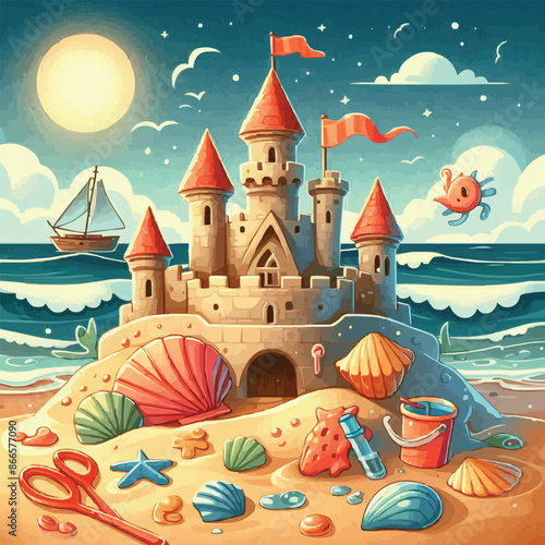 Beach sandcastle toy in summer to play near sea cartoon. Cute sand castle game icon with seashell and rock object. Kid vacation sculpture clipart drawing with red flag. Creative fantasy palace graphic