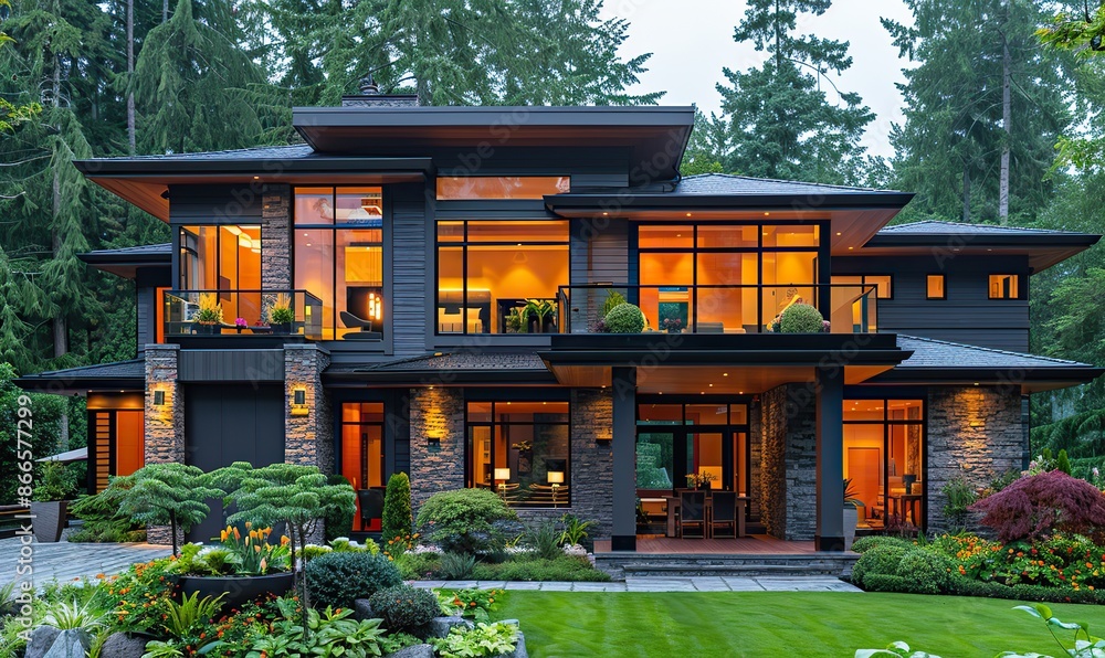 Luxury modern style home exterior at sunset with glowing interior lights and landscaping; beautiful home exterior in evening with glowing interior lights. Luxury modern style home exterior at sunset with glowing interior lights and landscaping; beautiful home exterior in evening with glowing interior lights.