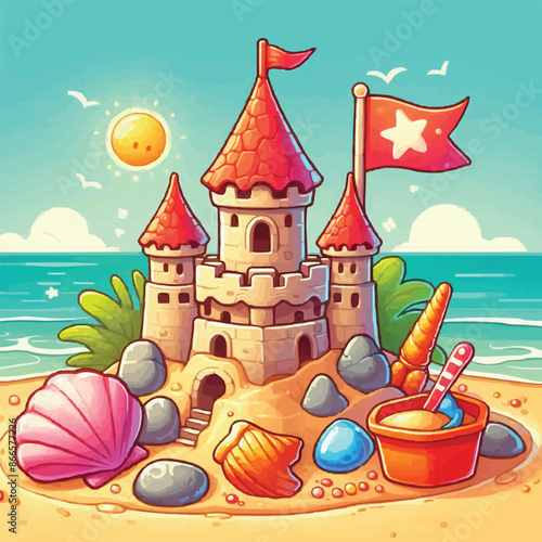Beach sandcastle toy in summer to play near sea cartoon. Cute sand castle game icon with seashell and rock object. Kid vacation sculpture clipart drawing with red flag. Creative fantasy palace graphic