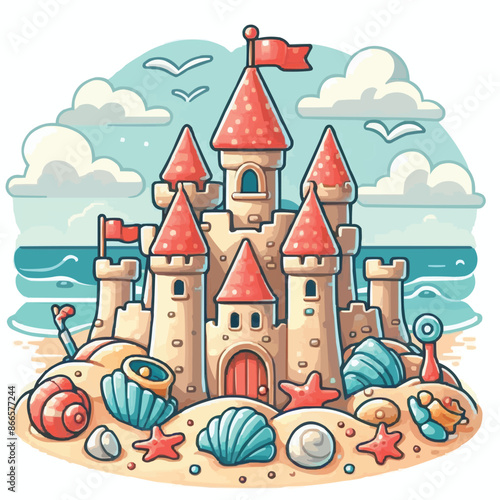 Beach sandcastle toy in summer to play near sea cartoon. Cute sand castle game icon with seashell and rock object. Kid vacation sculpture clipart drawing with red flag. Creative fantasy palace graphic