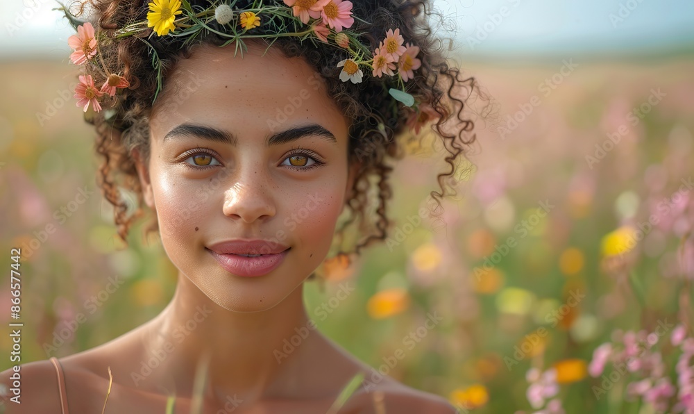Young, beautiful mixed-race woman poses with a flower wreath in a spring field. Young, beautiful mixed-race woman poses with a flower wreath in a spring field.