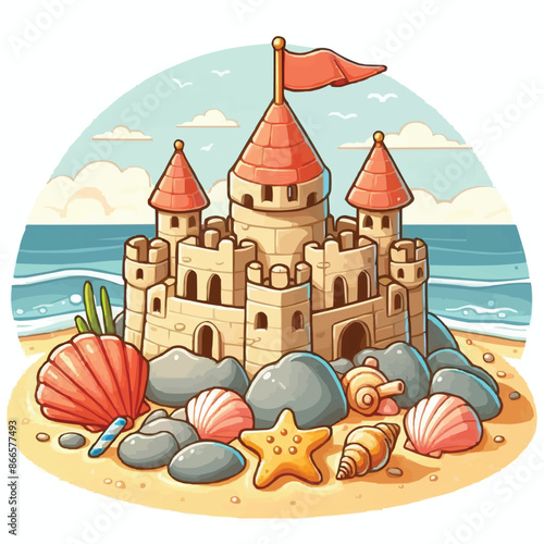 Beach sandcastle toy in summer to play near sea cartoon. Cute sand castle game icon with seashell and rock object. Kid vacation sculpture clipart drawing with red flag. Creative fantasy palace graphic