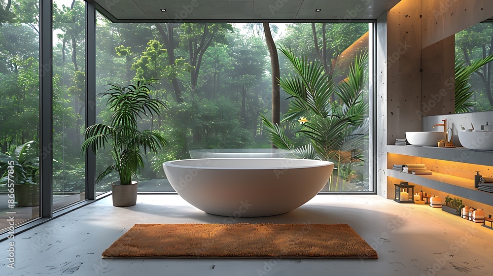 A chic bathroom interior featuring a white bathtub, minimalist design, and natural lighting through floor-to-ceiling glass panels. The design emphasizes elegant simplicity and contemporary luxury A chic bathroom interior featuring a white bathtub, minimalist design, and natural lighting through floor-to-ceiling glass panels. The design emphasizes elegant simplicity and contemporary luxury