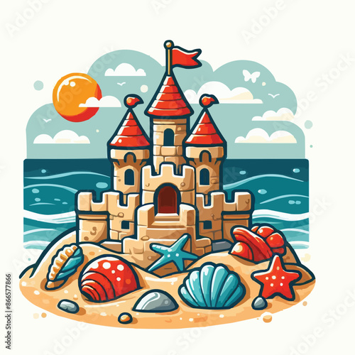 Beach sandcastle toy in summer to play near sea cartoon. Cute sand castle game icon with seashell and rock object. Kid vacation sculpture clipart drawing with red flag. Creative fantasy palace graphic