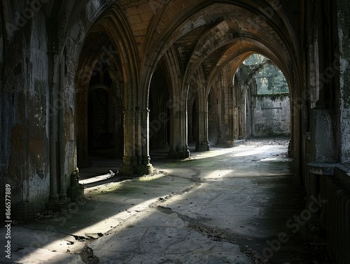 Shadowy gothic arches in abandoned abbey photo