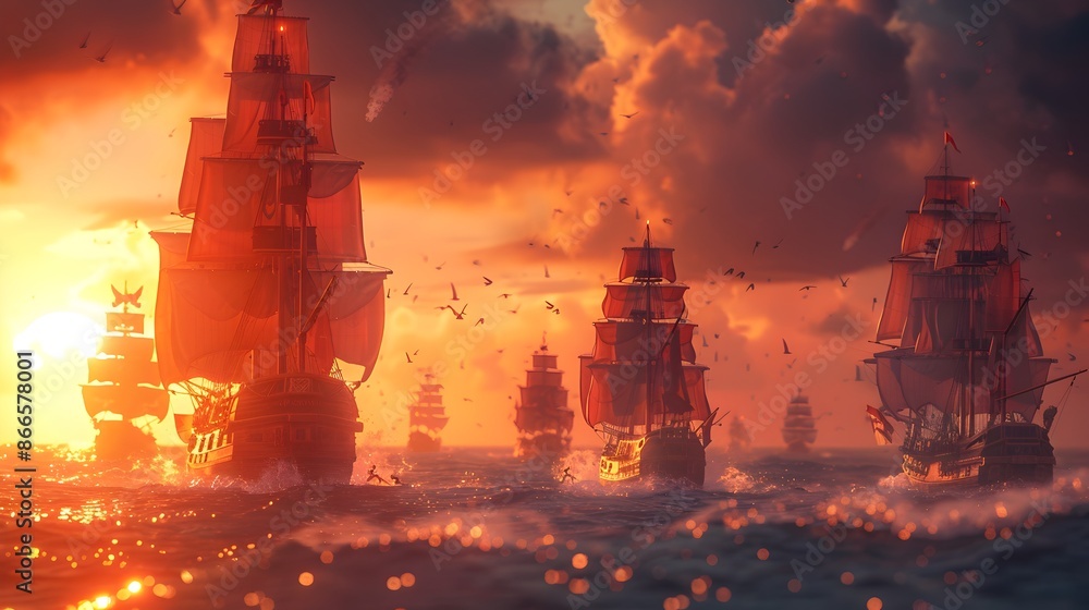 Obraz premium Embark on a Thrilling Pirate Voyage with a Fearless Crew and Hoist the Jolly Roger for Epic Sea Battles