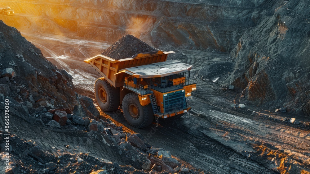 Large mining truck in open-pit mine at sunset