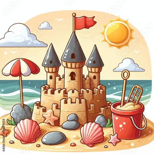 Beach sandcastle toy in summer to play near sea cartoon. Cute sand castle game icon with seashell and rock object. Kid vacation sculpture clipart drawing with red flag. Creative fantasy palace graphic