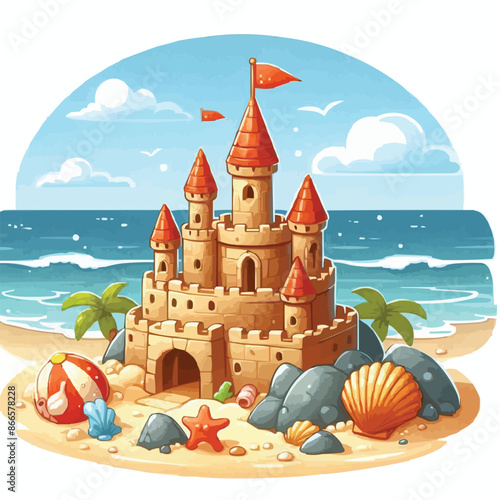 Beach sandcastle toy in summer to play near sea cartoon. Cute sand castle game icon with seashell and rock object. Kid vacation sculpture clipart drawing with red flag. Creative fantasy palace graphic
