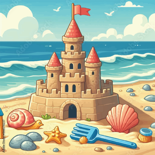 Beach sandcastle toy in summer to play near sea cartoon. Cute sand castle game icon with seashell and rock object. Kid vacation sculpture clipart drawing with red flag. Creative fantasy palace graphic