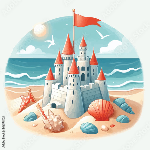 Beach sandcastle toy in summer to play near sea cartoon. Cute sand castle game icon with seashell and rock object. Kid vacation sculpture clipart drawing with red flag. Creative fantasy palace graphic