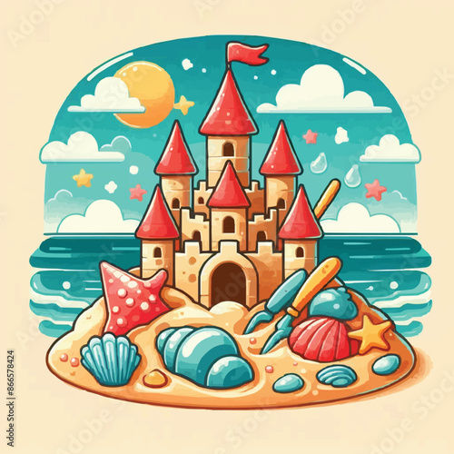 Beach sandcastle toy in summer to play near sea cartoon. Cute sand castle game icon with seashell and rock object. Kid vacation sculpture clipart drawing with red flag. Creative fantasy pa