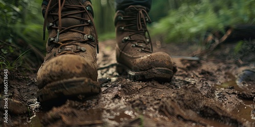 A close-up shot of hiking boots trudging through a muddy path in a dense woodland, capturing the texture of the terrain.