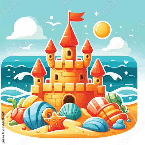 Beach sandcastle toy in summer to play near sea cartoon. Cute sand castle game icon with seashell and rock object. Kid vacation sculpture clipart drawing with red flag. Creative fantasy pa