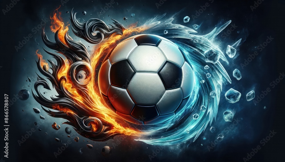 Obraz premium soccer ball engulfed in stylized flames and ice, symbolizing a heated match.