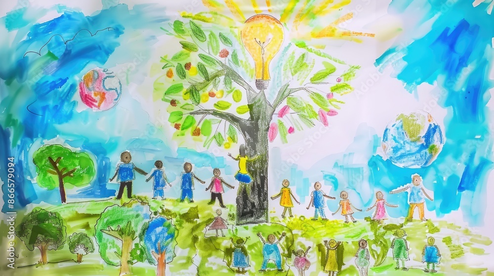 Fototapeta premium Creative activism: Children's drawing emphasizes sustainable ecology for World Environment Day, advocating for a brighter, eco-friendly future
