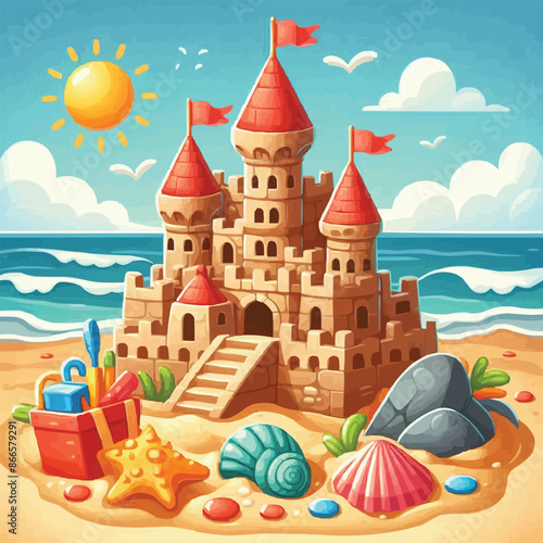 Beach sandcastle toy in summer to play near sea cartoon. Cute sand castle game icon with seashell and rock object. Kid vacation sculpture clipart drawing with red flag. Creative fantasy pa