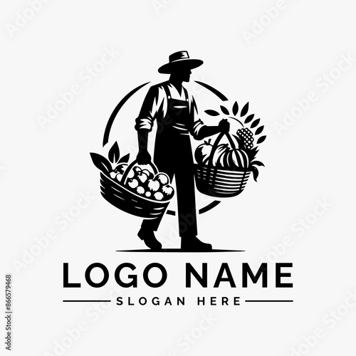 vector logo male farmer with carrying a basket fruits