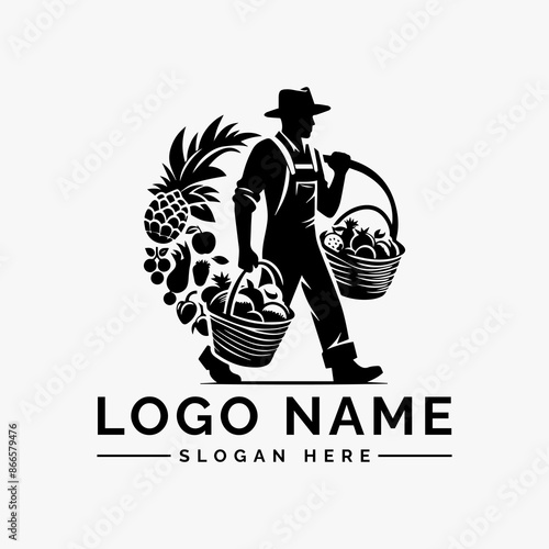 vector logo male farmer with carrying a basket fruits