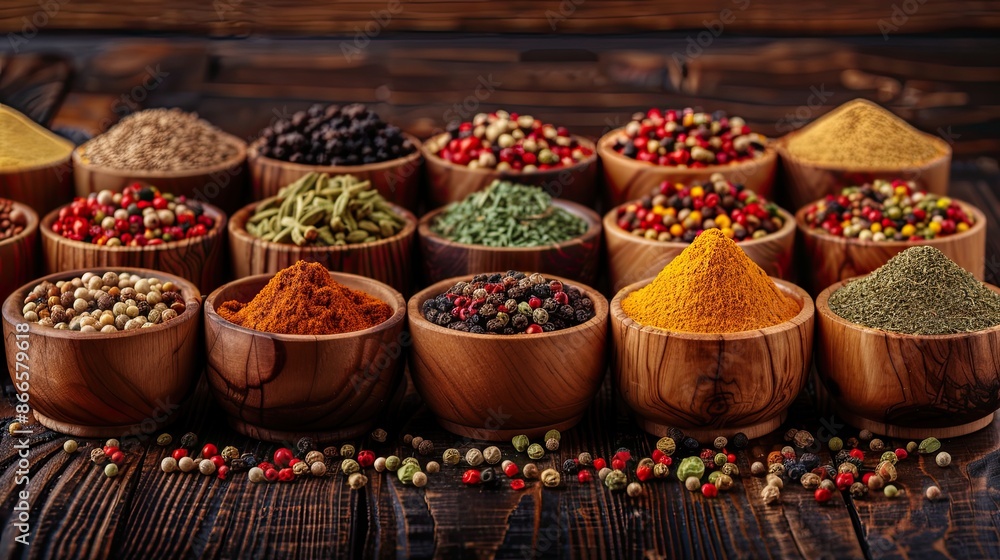 Fototapeta premium Assorted Colorful Spices in Wooden Bowls on Rustic Wooden Table