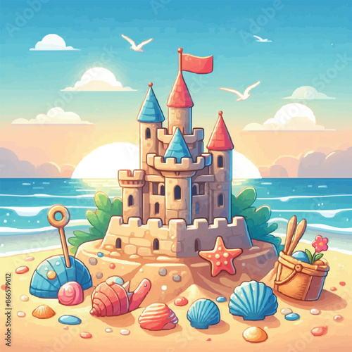 Beach sandcastle toy in summer to play near sea cartoon. Cute sand castle game icon with seashell and rock object. Kid vacation sculpture clipart drawing with red flag. Creative fantasy pa