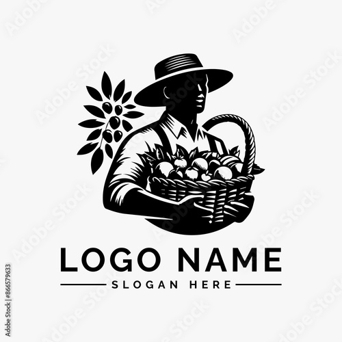 vector logo male farmer with carrying a basket fruits