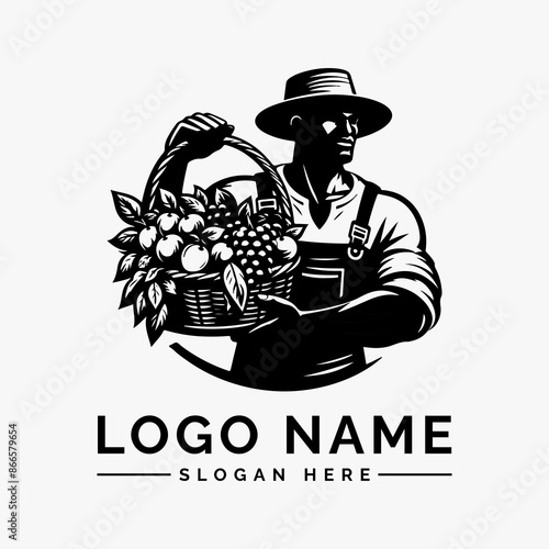 vector logo male farmer with carrying a basket fruits