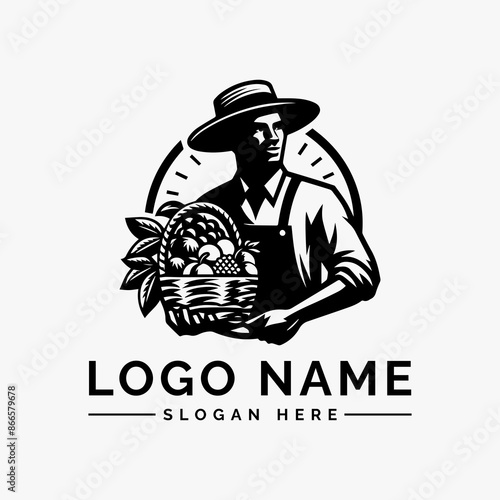 vector logo male farmer with carrying a basket fruits