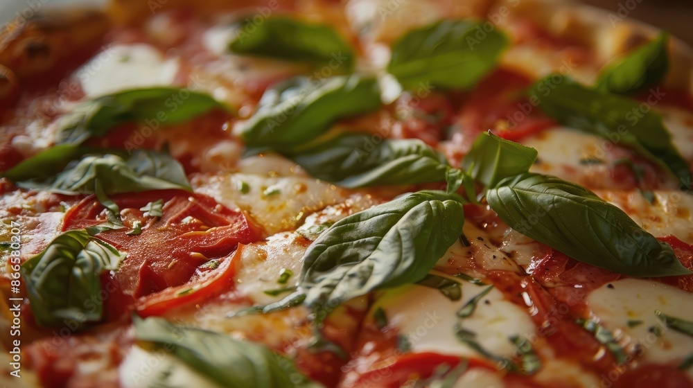 Close-up of a Margherita pizza topped with fresh basil leaves, ripe tomatoes, and mozzarella cheese, highlighting its vibrant colors