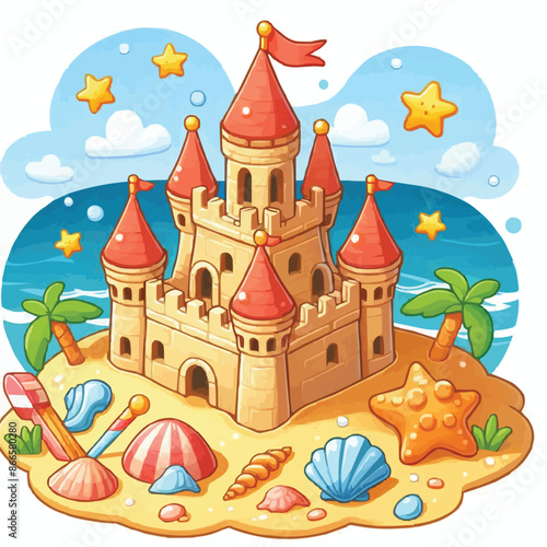 Beach sandcastle toy in summer to play near sea cartoon. Cute sand castle game icon with seashell and rock object. Kid vacation sculpture clipart drawing with red flag. Creative fantasy pa
