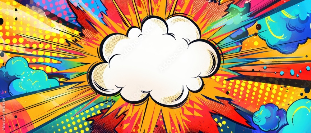Vivid comic explosion with blank speech bubble, surrounded by bright patterns Vivid comic explosion with blank speech bubble, surrounded by bright patterns