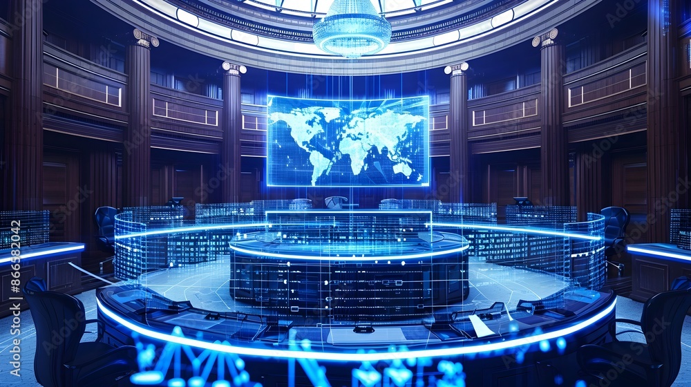 Obraz premium Futuristic Digital Courtroom for Virtual Bankruptcy Proceedings