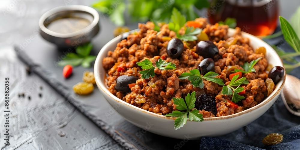 Cuban Picadillo Ground Beef with Raisins, Olives, and Tomato Sauce. Concept Cuban cuisine, Picadillo recipe, Ground beef dish, Raisins and olives, Tomato sauce recipe Cuban Picadillo Ground Beef with Raisins, Olives, and Tomato Sauce. Concept Cuban cuisine, Picadillo recipe, Ground beef dish, Raisins and olives, Tomato sauce recipe