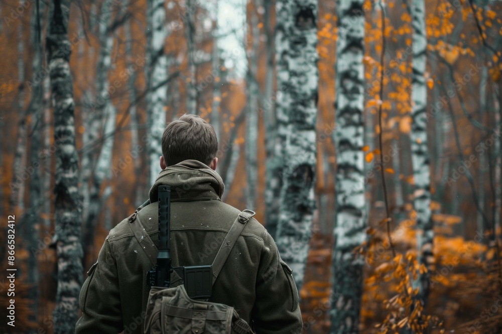 Lone traveler with a backpack ventures through a serene birch woods in the fall season Lone traveler with a backpack ventures through a serene birch woods in the fall season