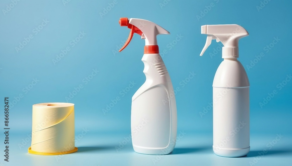 A paper roll and a cleaning sprayer bottle on a light blue background
A paper roll and a cleaning sprayer bottle on a light blue background
