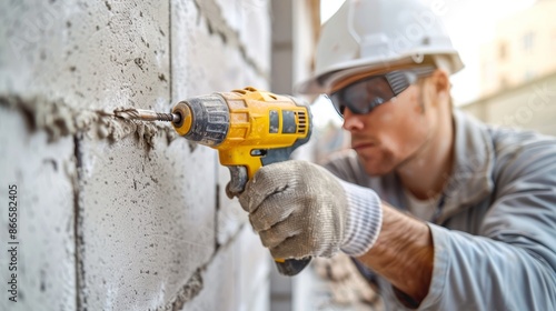 Construction worker using a drill on concrete wall