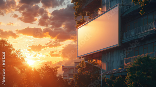 Blank billboard on a building at sunset in the city. Perfect for advertising and marketing campaigns