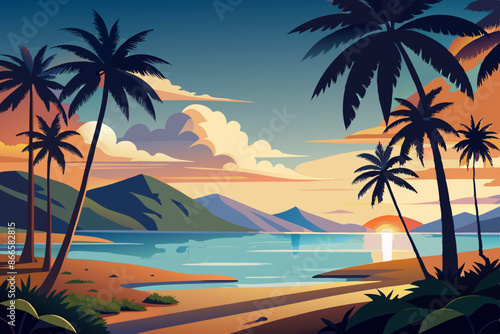 Ilustración vectorial de un atardecer en la playa con palmeras y montañas al fondo