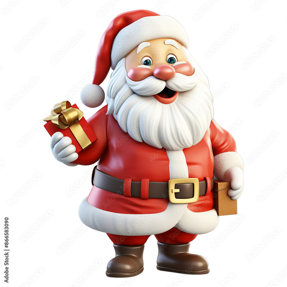 3D cartoon Santa Claus holding a gift box on transparent background. The image has a cheerful and festive mood, as it is a representation of the Christmas holiday 3D cartoon Santa Claus holding a gift box on transparent background. The image has a cheerful and festive mood, as it is a representation of the Christmas holiday