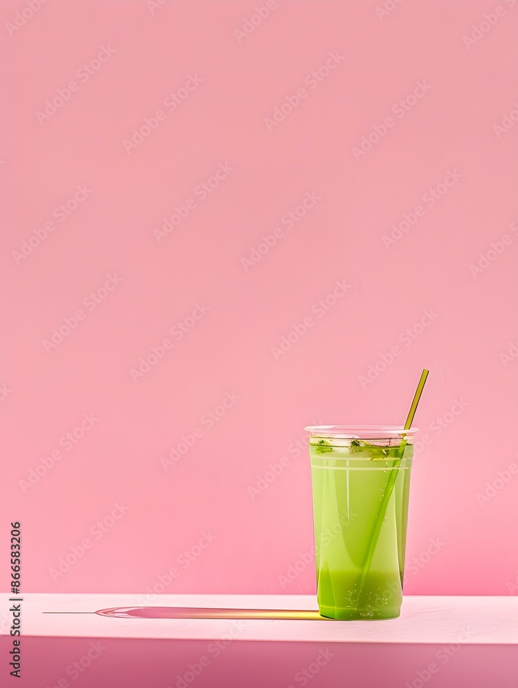 Green Summer Drink on a pink Background with Sunlight and Shadows Green Summer Drink on a pink Background with Sunlight and Shadows