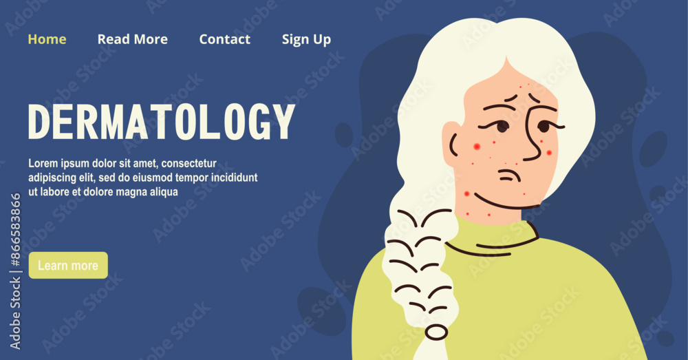 Obraz premium Girl with dermatology problem banner. Cartoon scene skin problem isolated on white background.