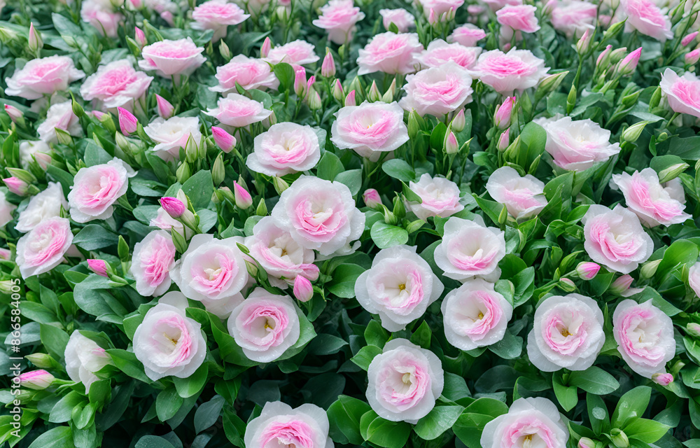 Obraz premium a lot of double-petaled lisianthus flowers that blend white and pink, super real, super high definition, green leaves, light water droplets on the leaves and flowers, fresh and beautiful,